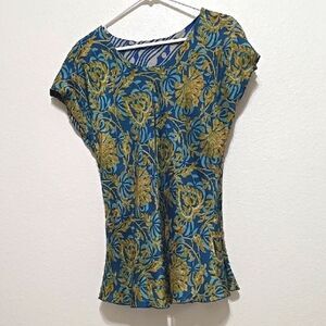 4 Oneness, Silk, Reversible Floral Blue, and Gold Women's Top S